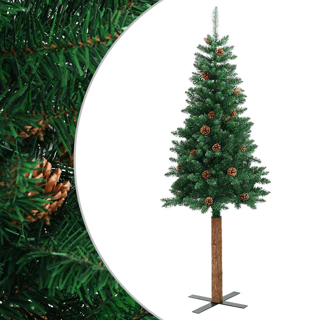 Tanko božićno drvce s pravim drvom i šiškama zeleno 210 cm PVC