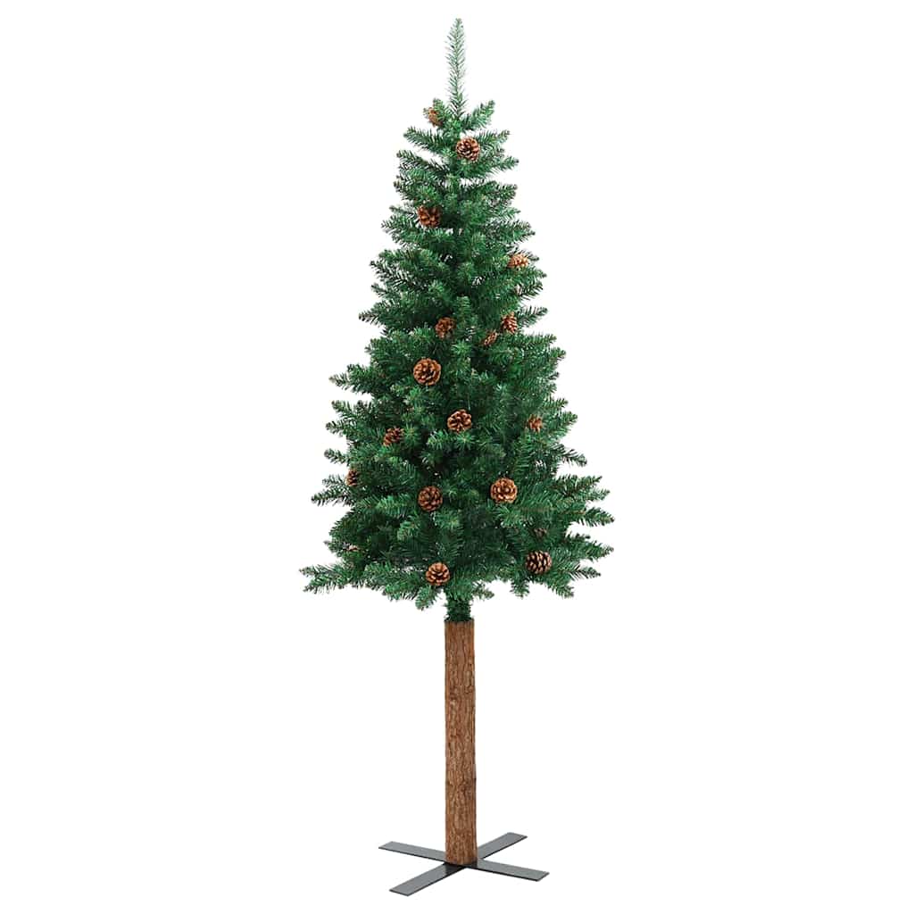 Tanko božićno drvce s pravim drvom i šiškama zeleno 210 cm PVC