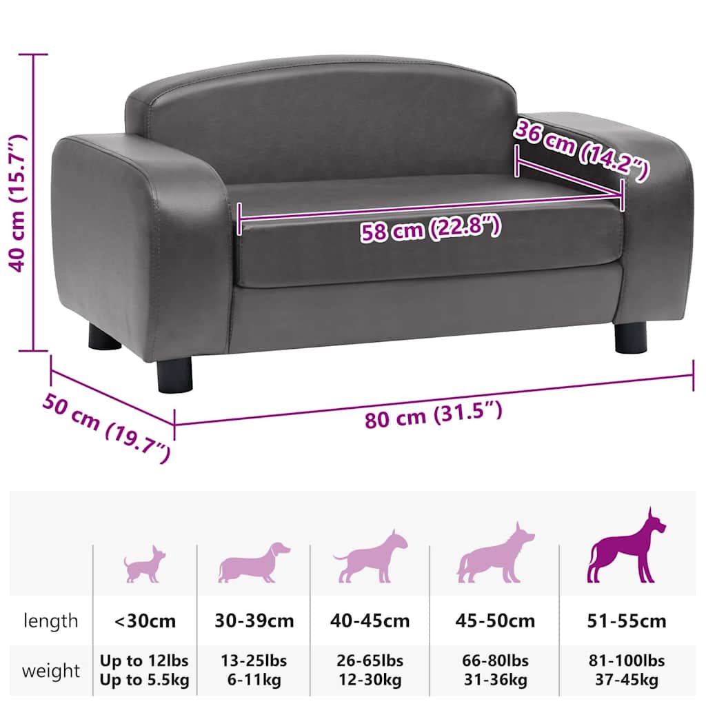 Sofa za pse siva 80 x 50 x 40 cm od umjetne kože