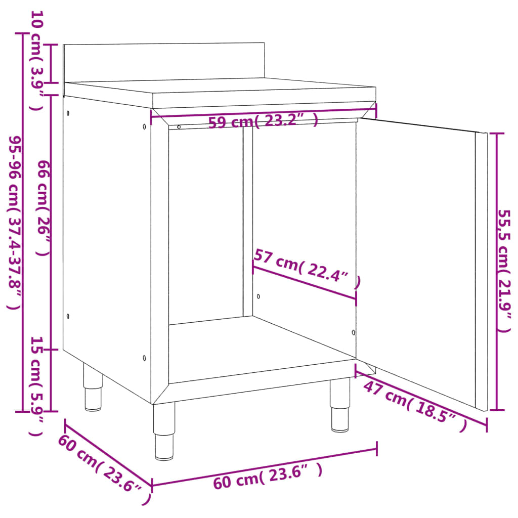 Komercijalni radni stol s ormarićem 60 x 60 x 96 cm od čelika