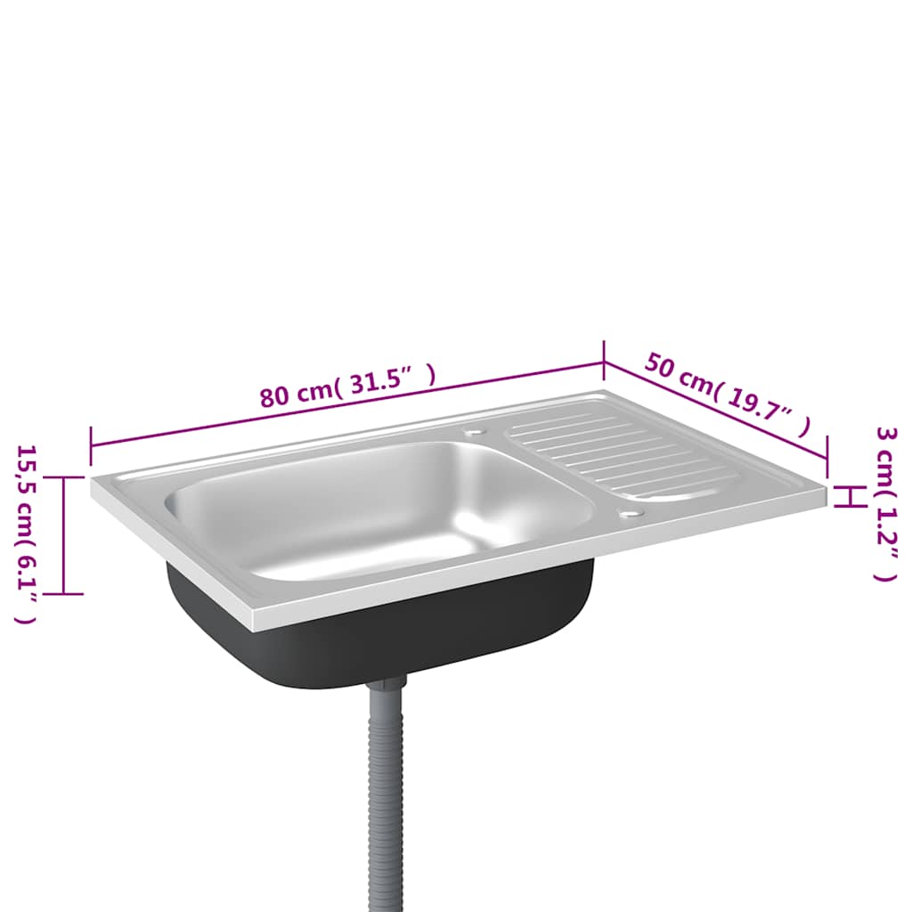 Kuhinjski sudoper s cjedilom srebrni 800 x 500 x 155 mm čelični