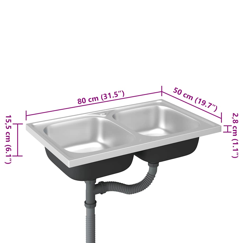 Kuhinjski sudoper s dva korita srebrni 800x500x155 mm čelični