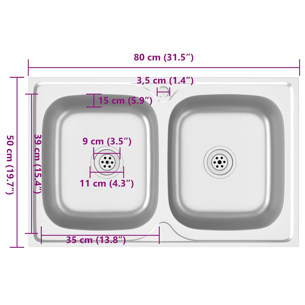 Kuhinjski sudoper s dva korita srebrni 800x500x155 mm čelični