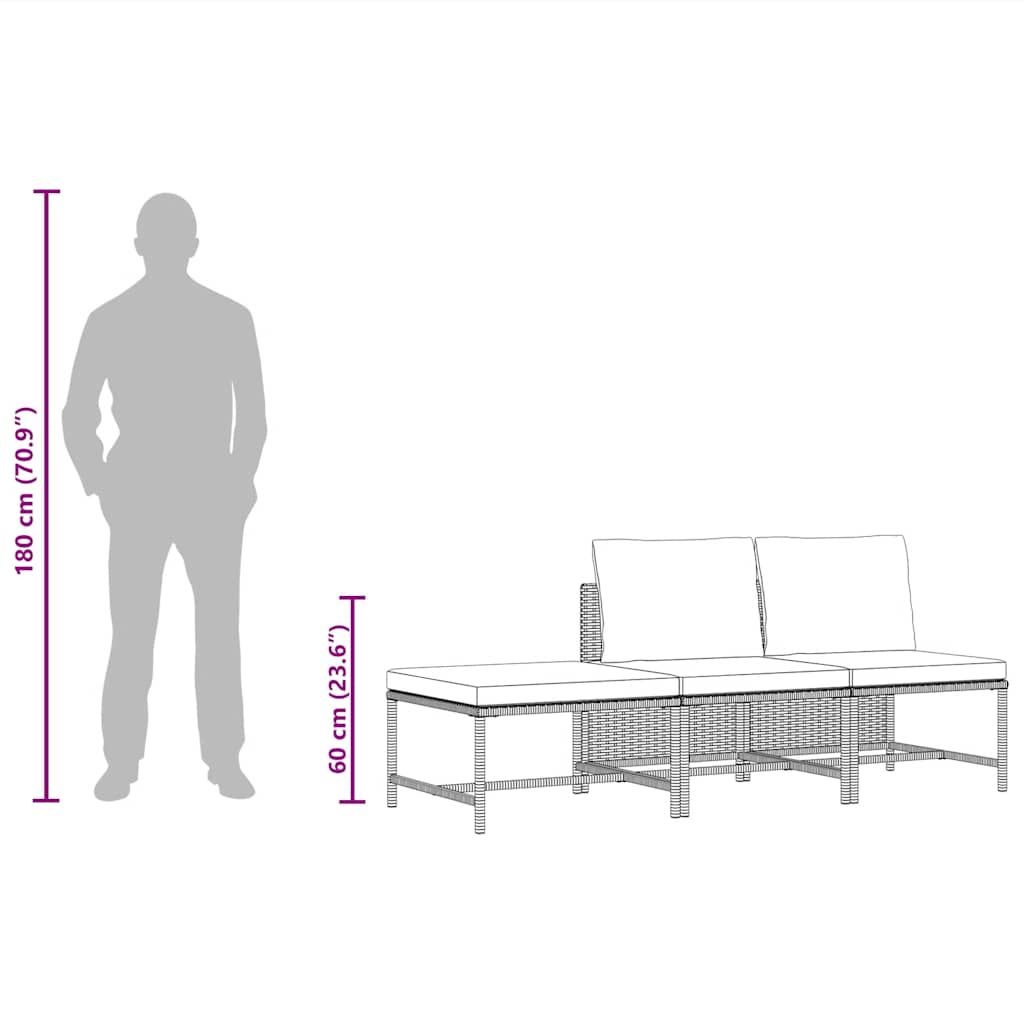 3-dijelni vrtni set sofa od poliratana s jastucima crni