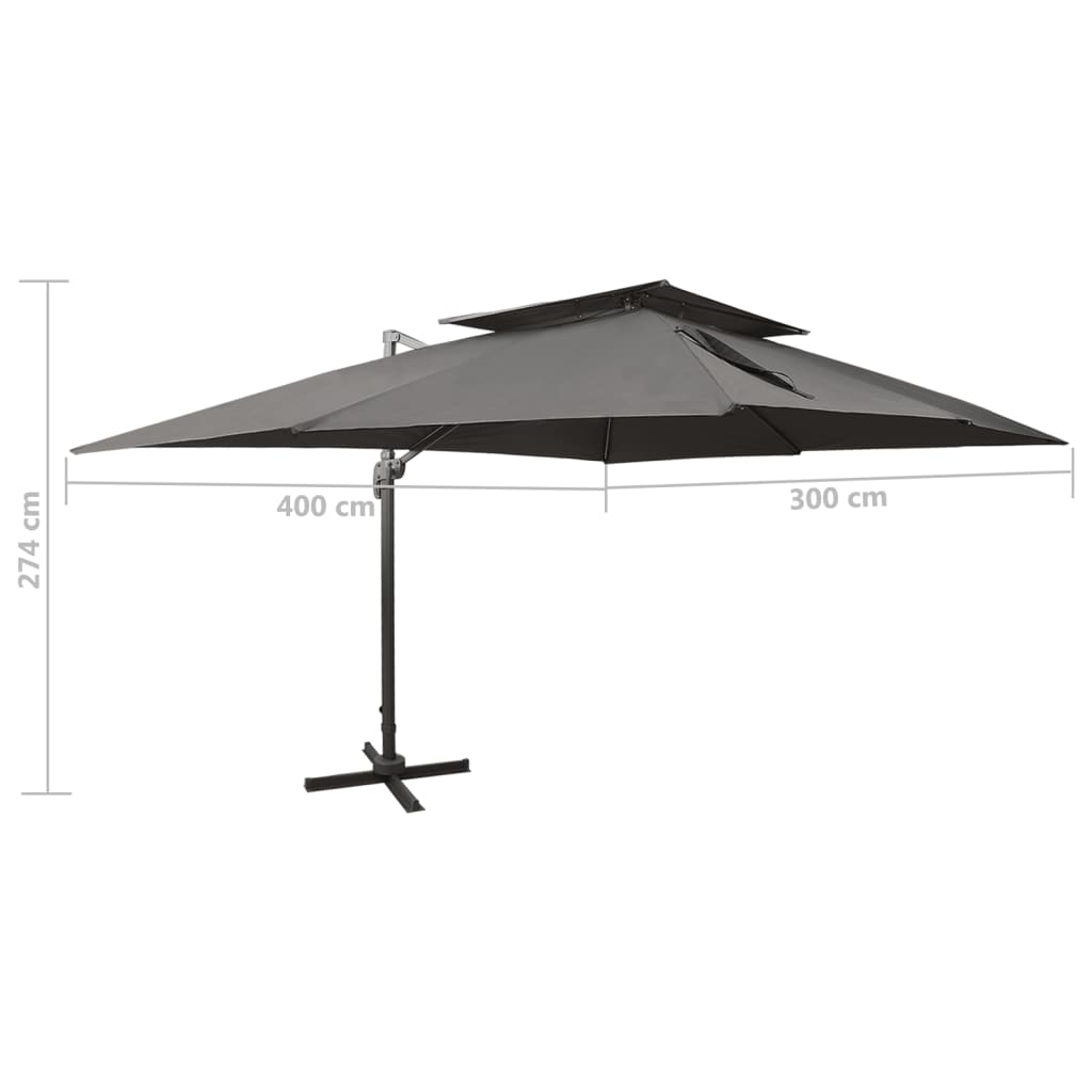 Konzolni vrtni suncobran s dvostrukim vrhom antracit boje 400x300 cm