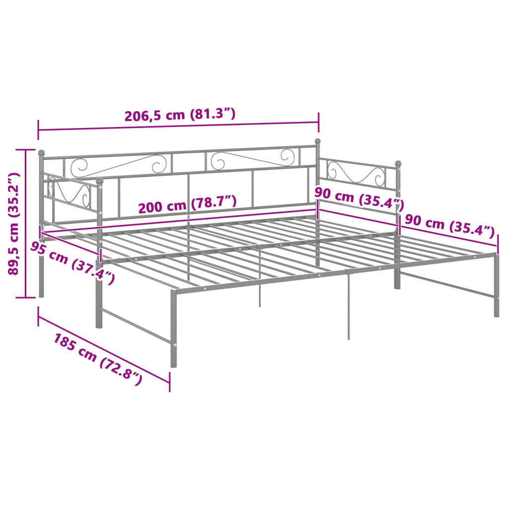 Okvir za krevet na razvlačenje sivi metalni 90 x 200 cm
