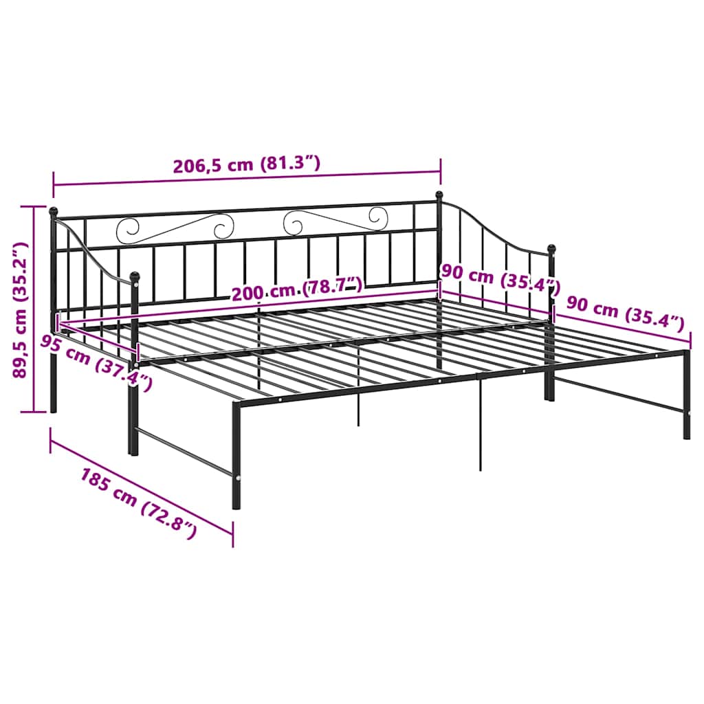 Okvir za krevet na razvlačenje crni metalni 90 x 200 cm