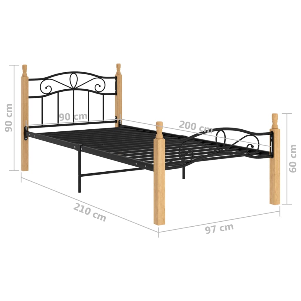 Okvir kreveta crni od metala i masivne hrastovine 90 x 200 cm