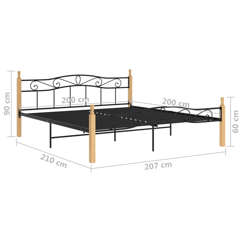 Okvir kreveta crni od metala i masivne hrastovine 200 x 200 cm