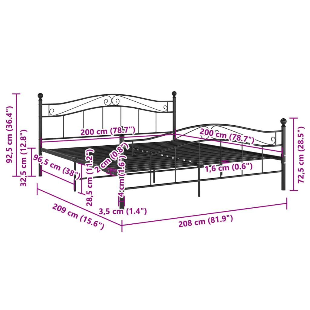 Okvir za krevet crni metalni 200 x 200 cm
