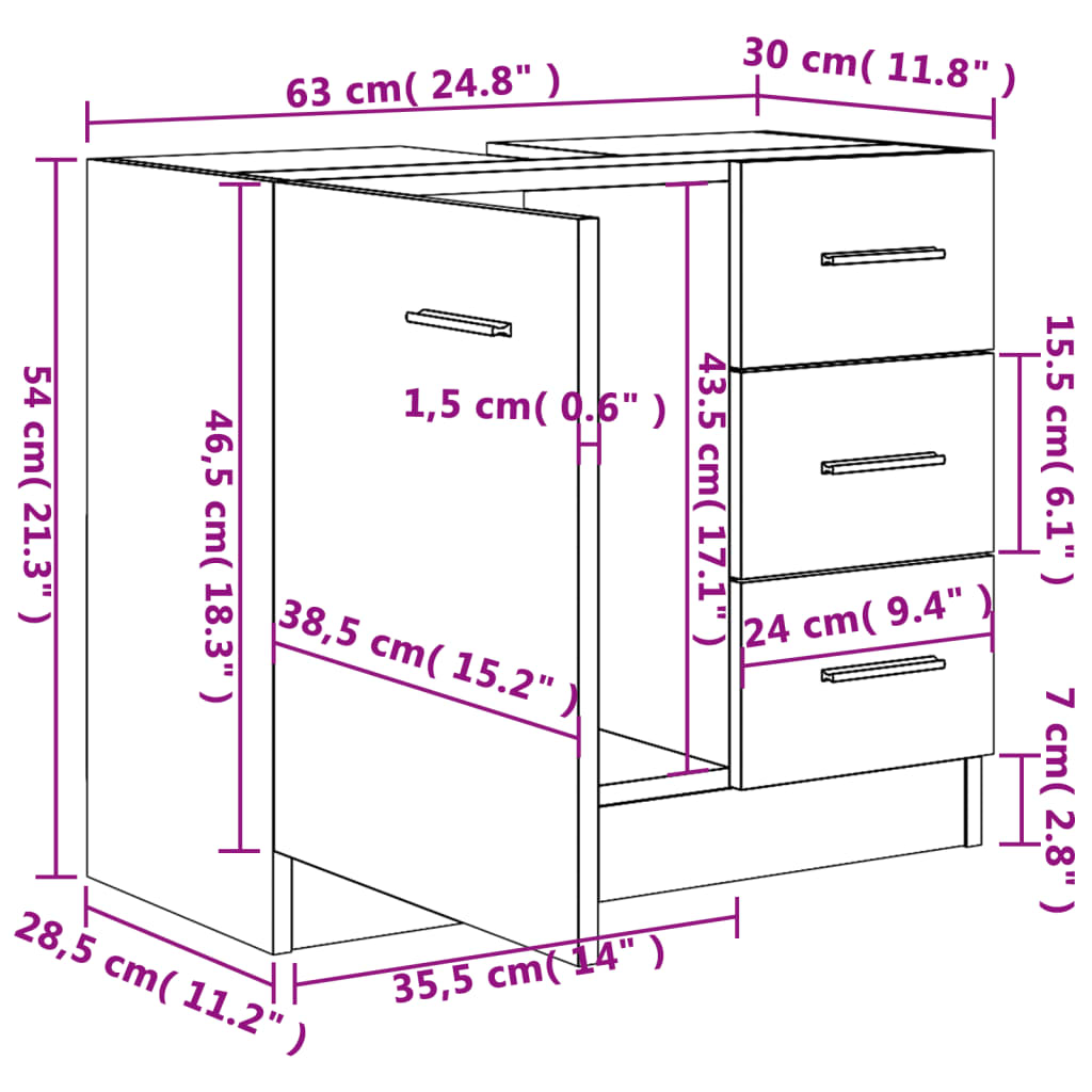 Ormarić za umivaonik boja hrasta 63x30x54 cm konstruirano drvo