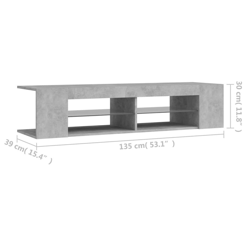 TV ormarić s LED svjetlima siva boja betona 135 x 39 x 30 cm