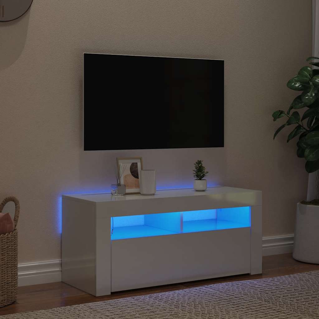 TV ormarić s LED svjetlima visoki sjaj bijeli 90 x 35 x 40 cm
