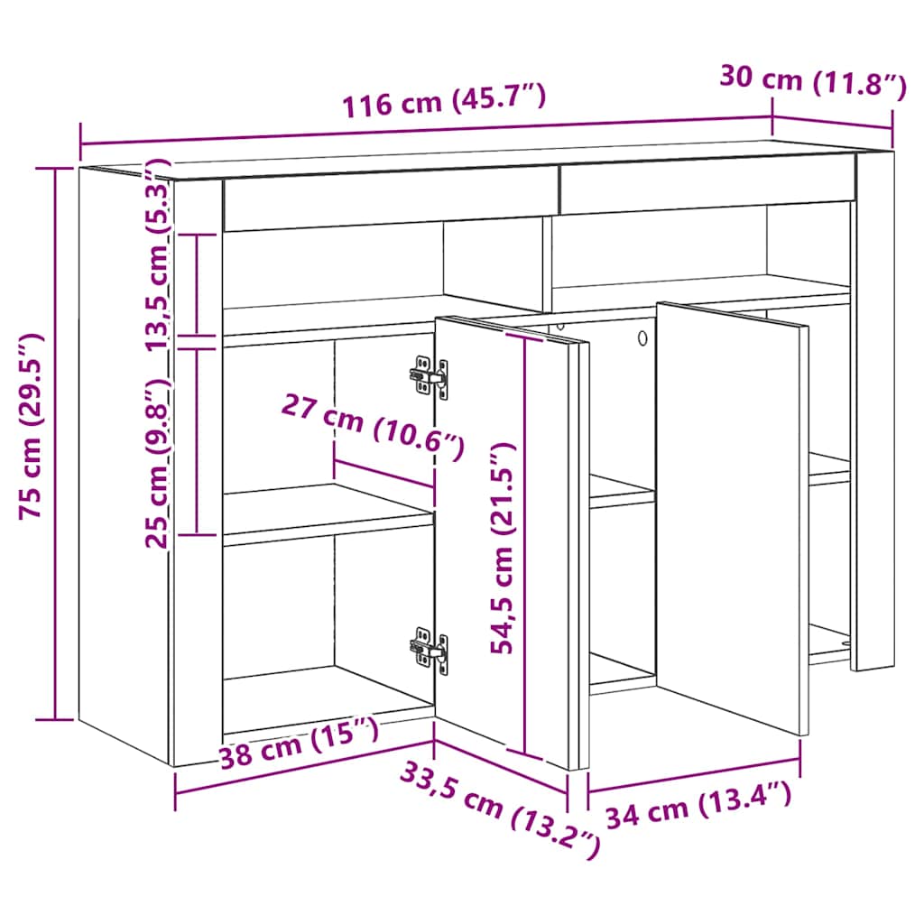 Komoda s LED svjetlima crna 115,5 x 30 x 75 cm