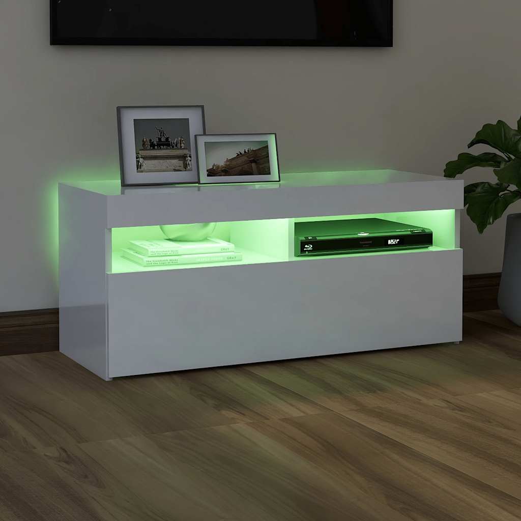 TV ormarić s LED svjetlima visoki sjaj bijeli 90x35x40 cm