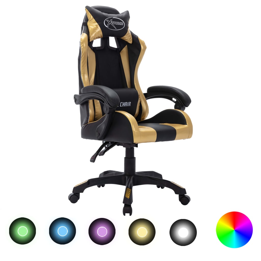 Igraća stolica s RGB LED svjetlima zlatno-crna od umjetne kože
