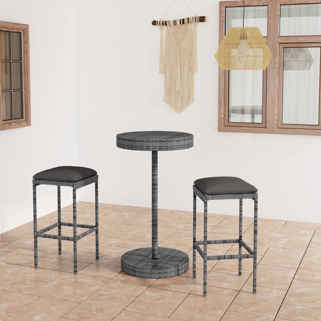 3-dijelni vrtni barski set od poliratana s jastucima sivi