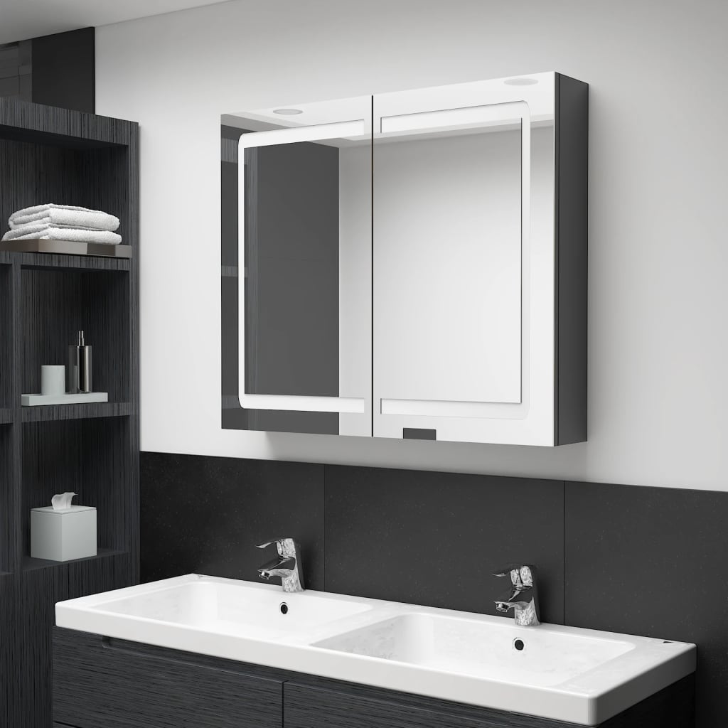 LED kupaonski ormarić s ogledalom sjajni sivi 80 x 12 x 68 cm