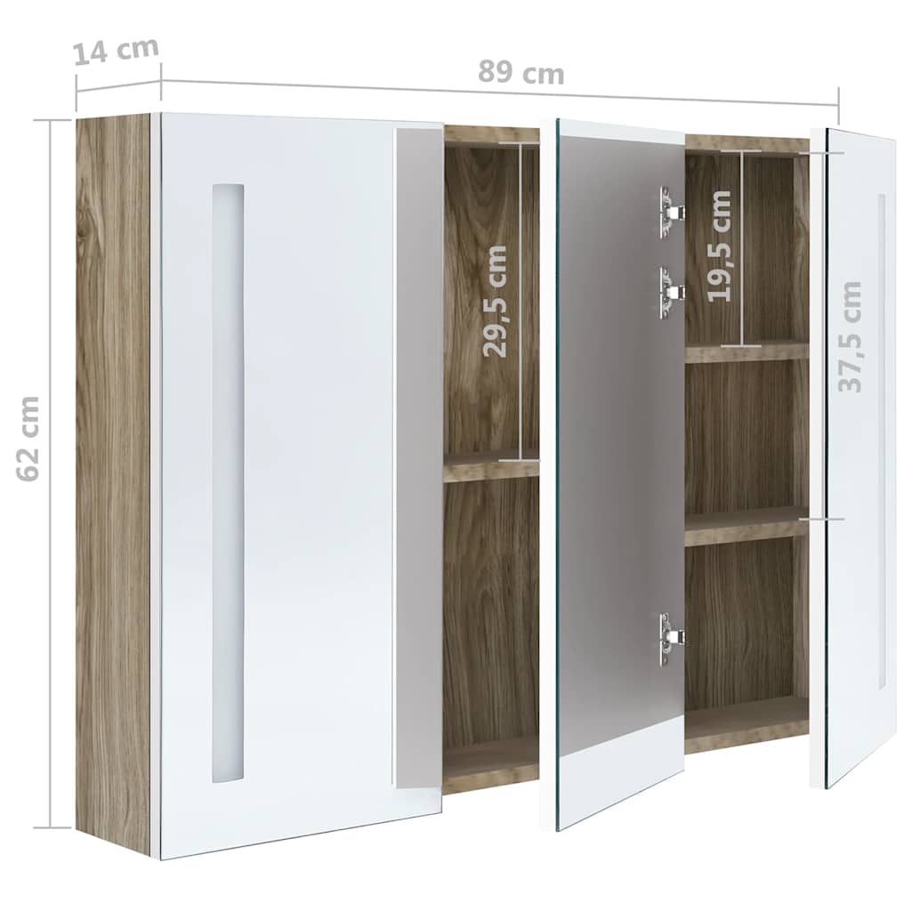 LED kupaonski ormarić s ogledalom 89x14x62 cm bijeli i hrast