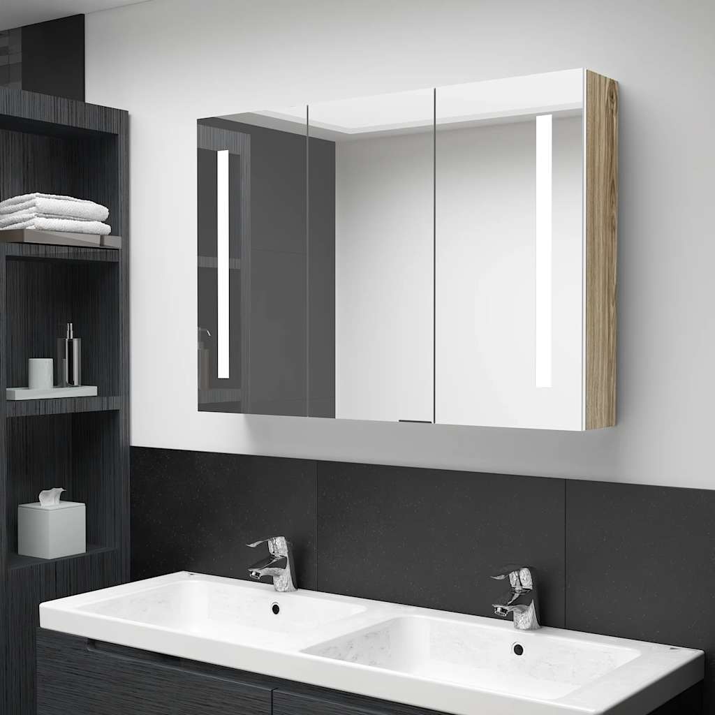 LED kupaonski ormarić s ogledalom 89x14x62 cm bijeli i hrast