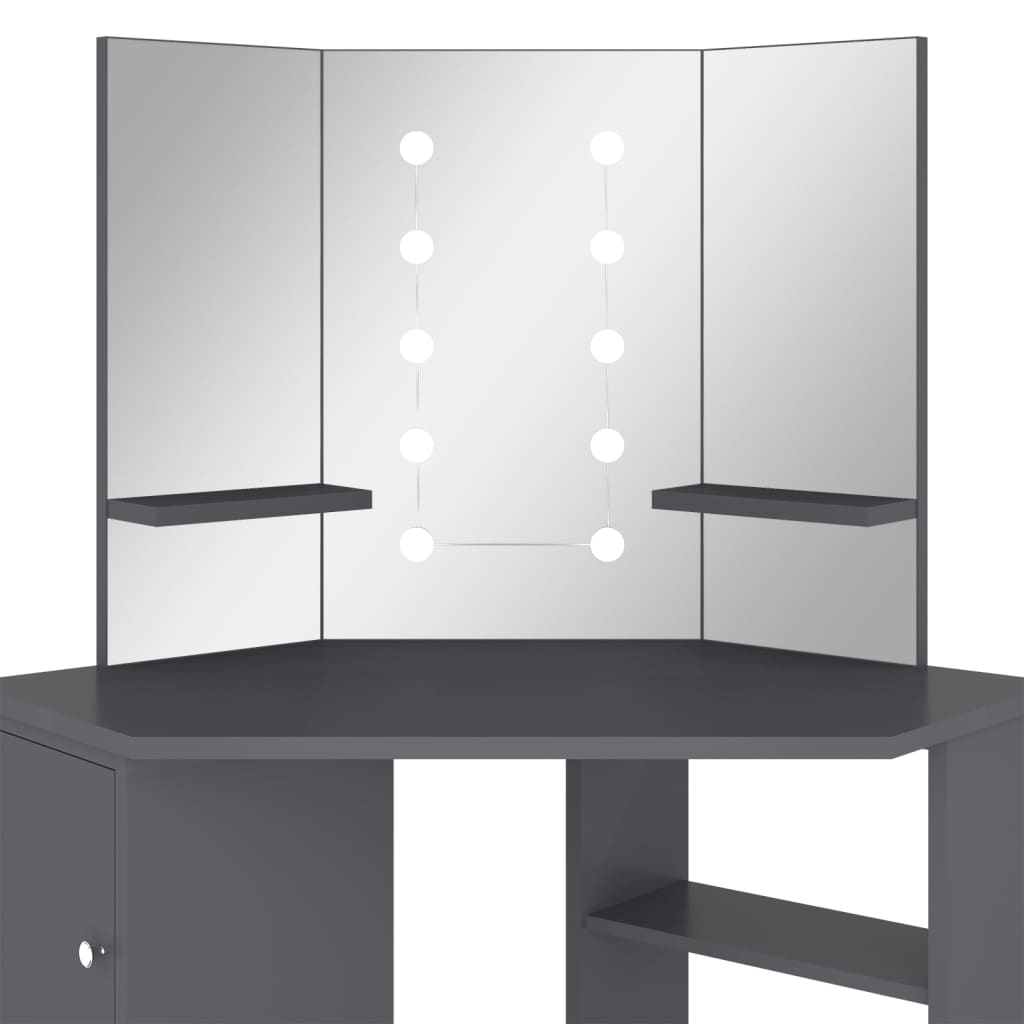Kutni toaletni stolić s LED svjetlima sivi 111 x 54 x 141,5 cm