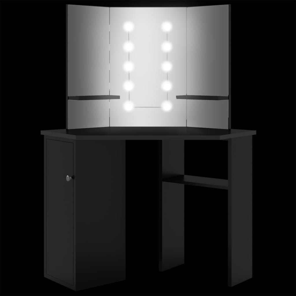 Kutni toaletni stolić s LED svjetlima crni 111 x 54 x 141,5 cm