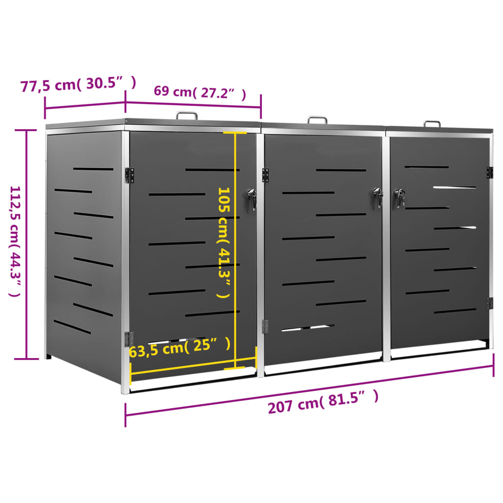 Spremište za tri kante za smeće 207 x 77,5 x 112,5 cm čelično