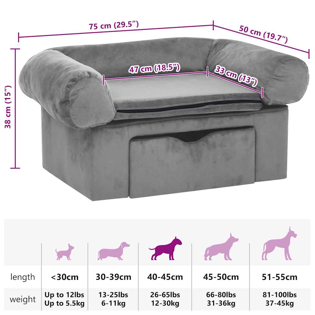 Sofa za pse s ladicom siva 75 x 50 x 38 cm plišana