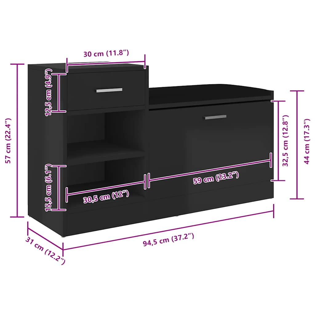 Klupa za cipele visoki sjaj crna 94,5 x 31 x 57 cm drvena