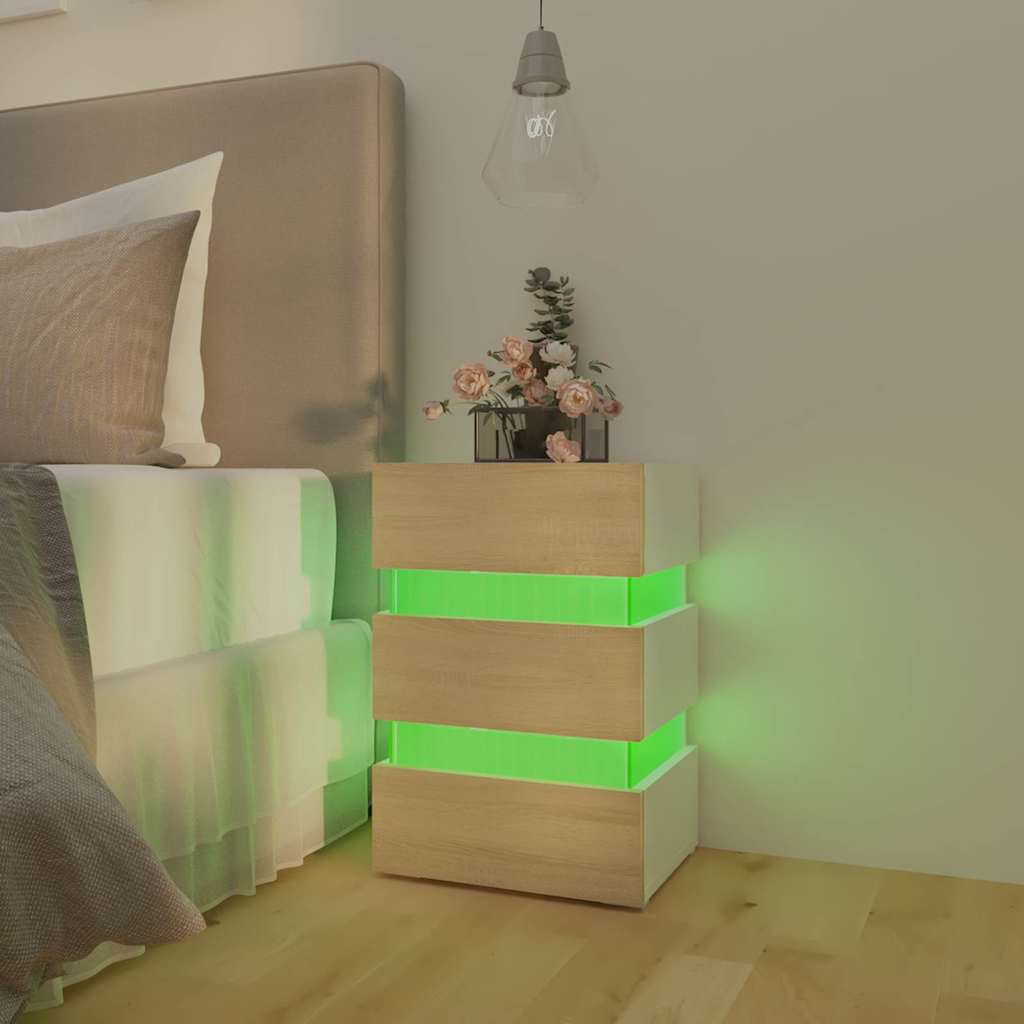 LED noćni ormarić bijeli i hrast 45x35x67 cm konstruirano drvo