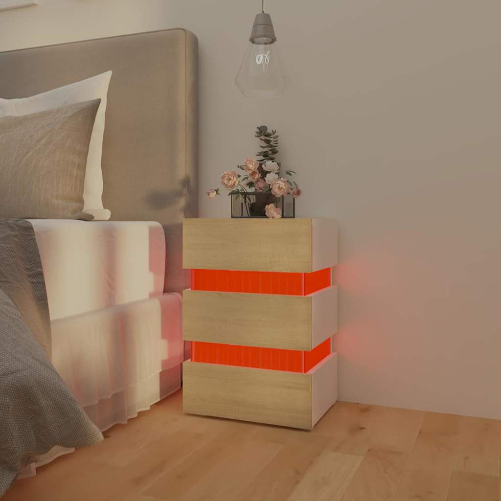 LED noćni ormarić bijeli i hrast 45x35x67 cm konstruirano drvo