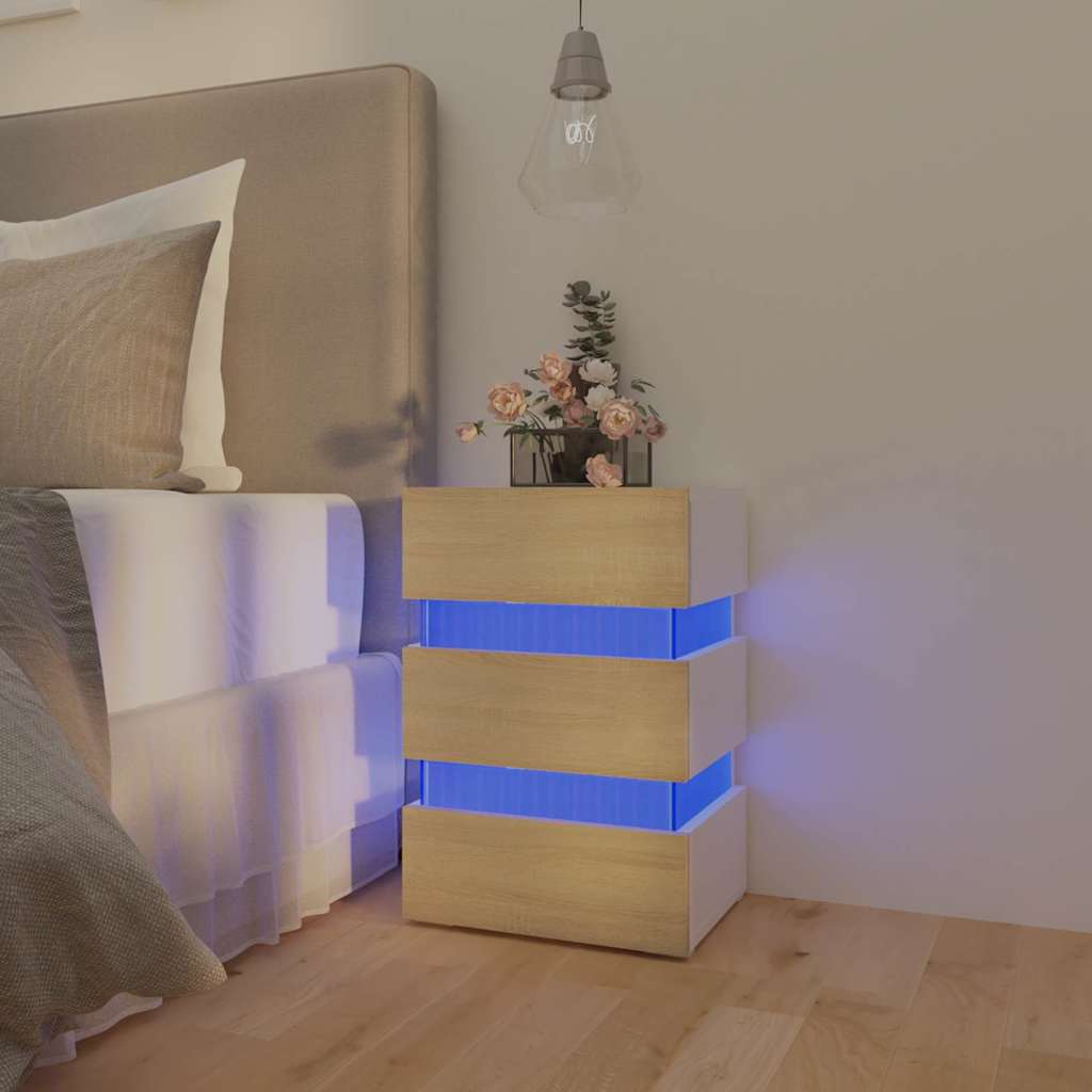 LED noćni ormarić bijeli i hrast 45x35x67 cm konstruirano drvo