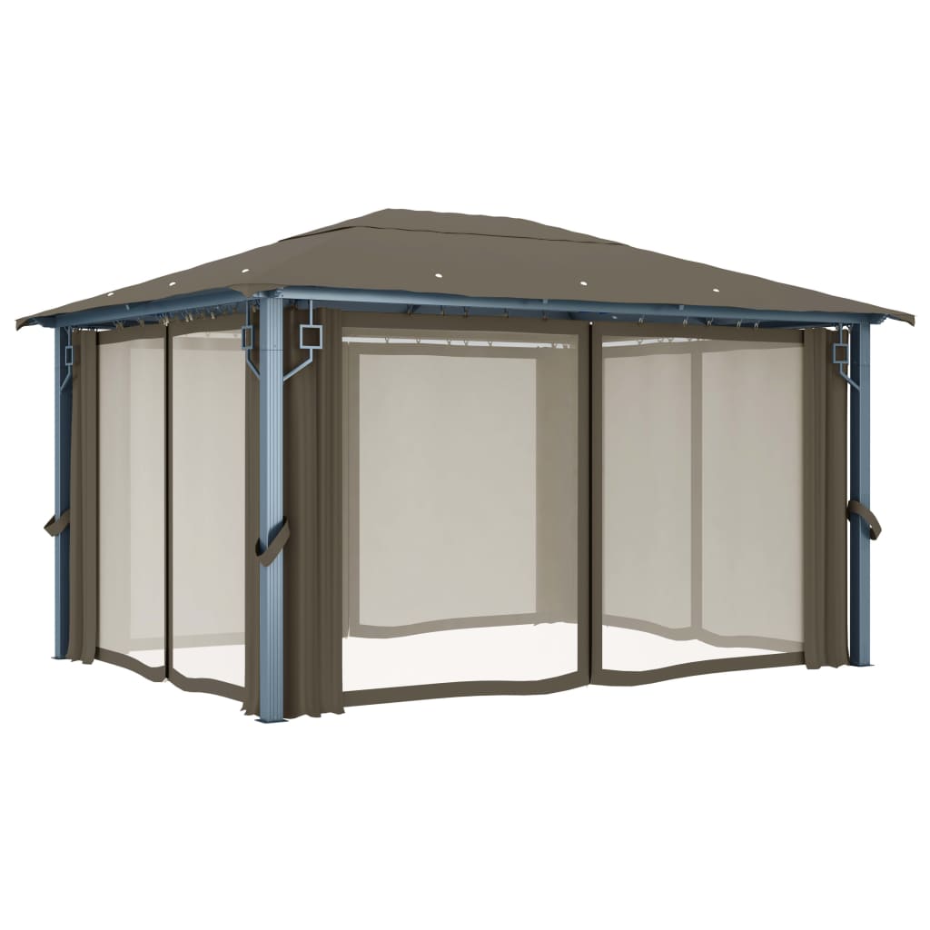 Sjenica sa zastorima i LED svjetlima 400 x 300 cm smeđe-siva