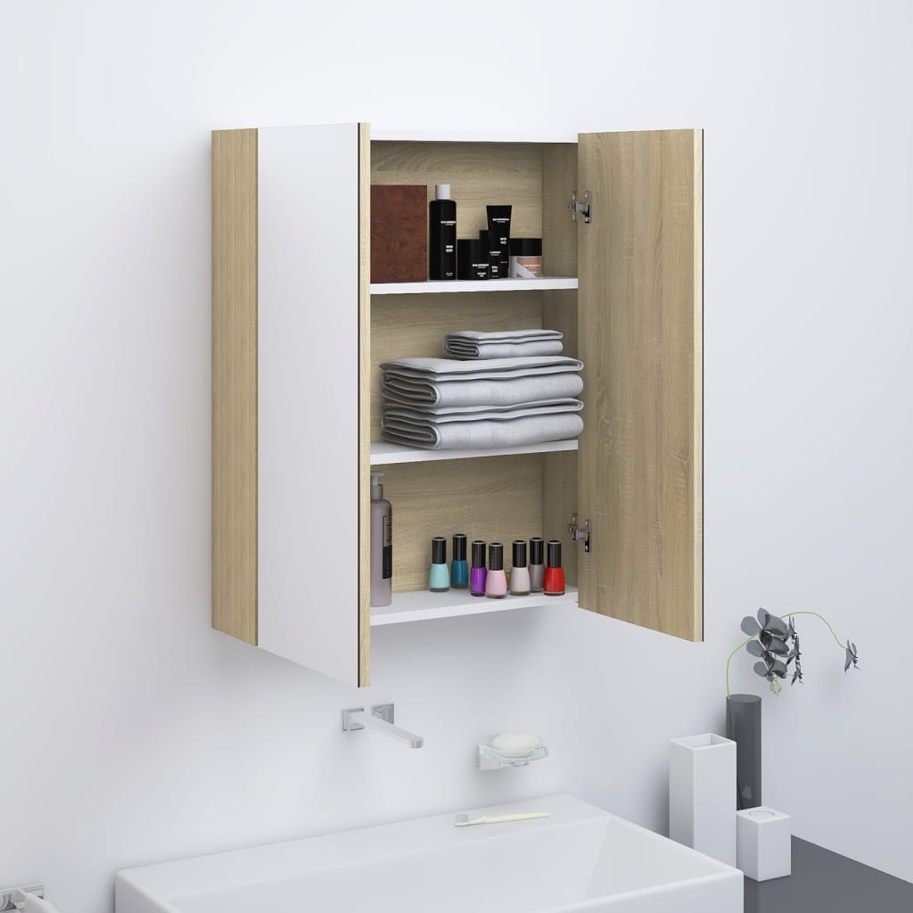 Kupaonski ormarić s ogledalom 60x15x75 cm MDF bijeli i hrast