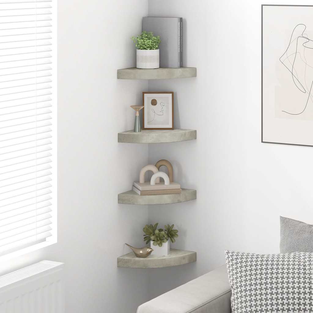 Kutne zidne police 4 kom siva boja betona 25 x 25 x 3,8 cm MDF