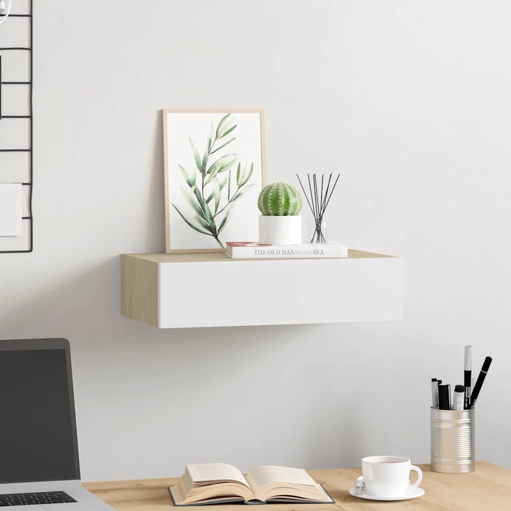 Zidna polica s ladicama hrast i bijela 40x23,5x10 cm MDF