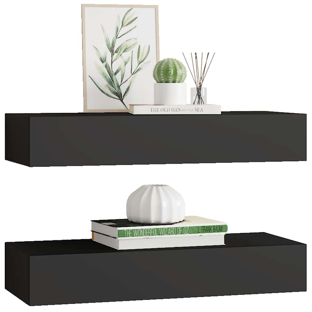 Zidne police s ladicom 2 kom crne 60 x 23,5 x 10 cm MDF