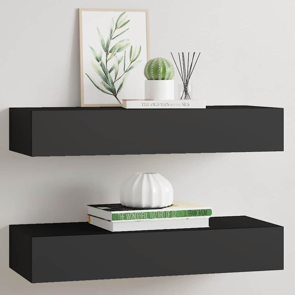 Zidne police s ladicom 2 kom crne 60 x 23,5 x 10 cm MDF