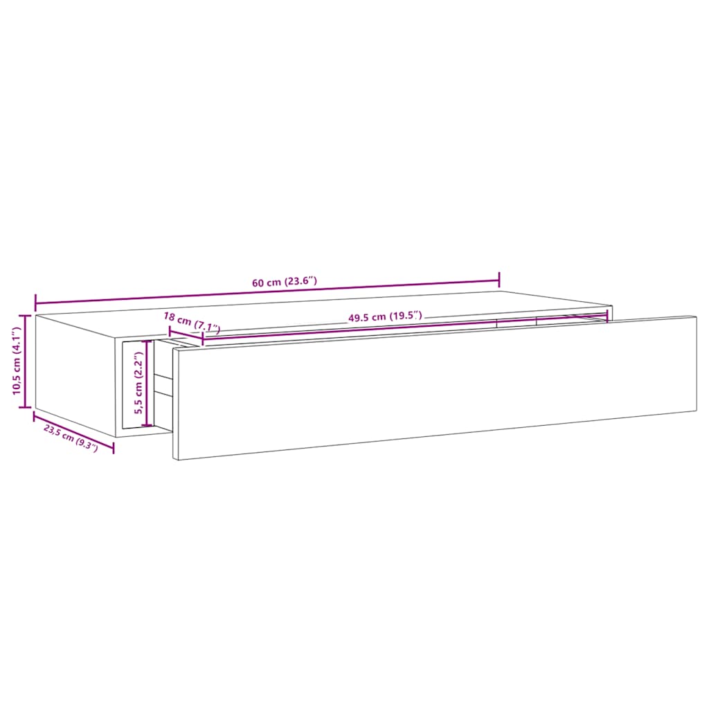 Zidna polica s ladicom siva 60 x 23,5 x 10 cm MDF