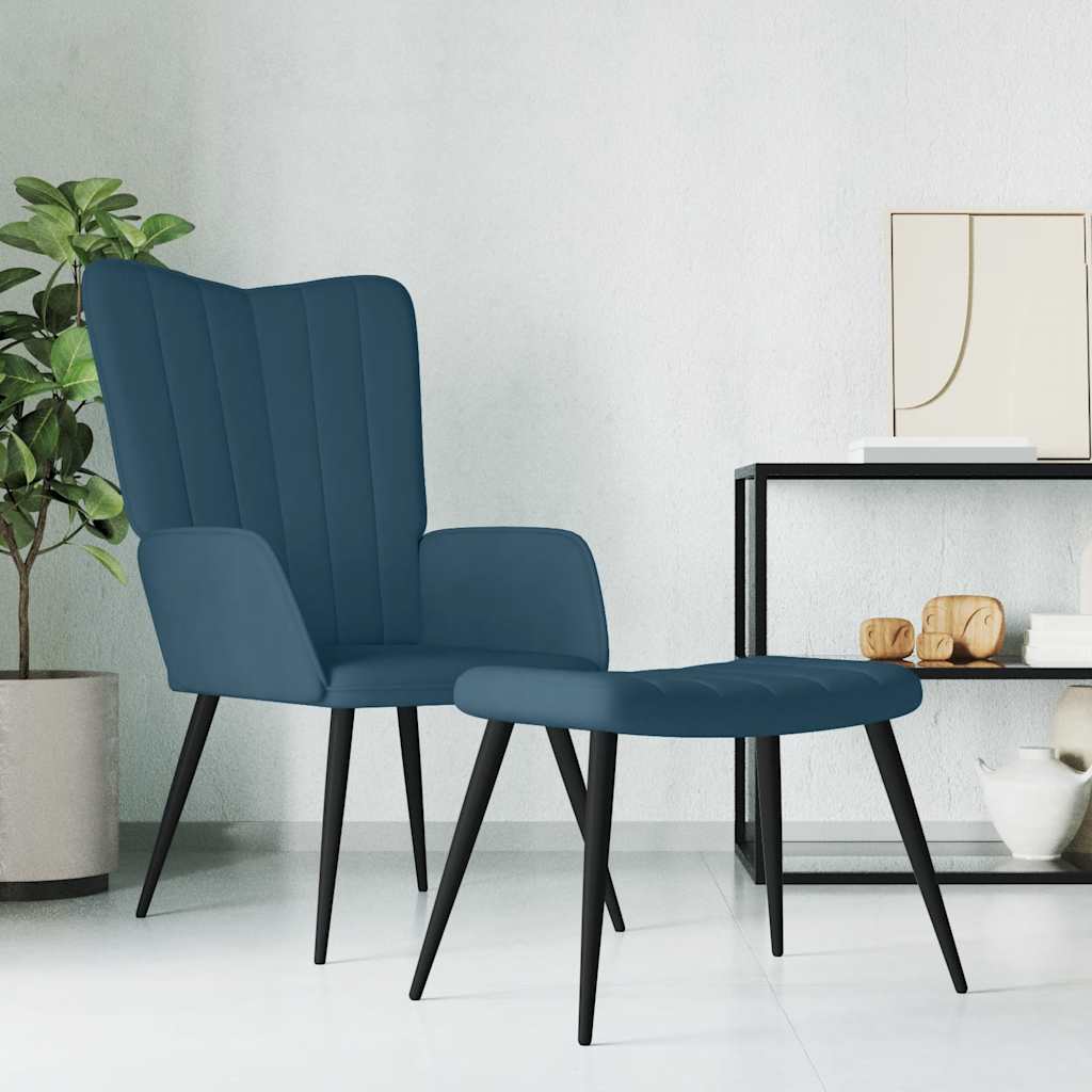 Stolica za opuštanje s osloncem za noge plava baršunasta