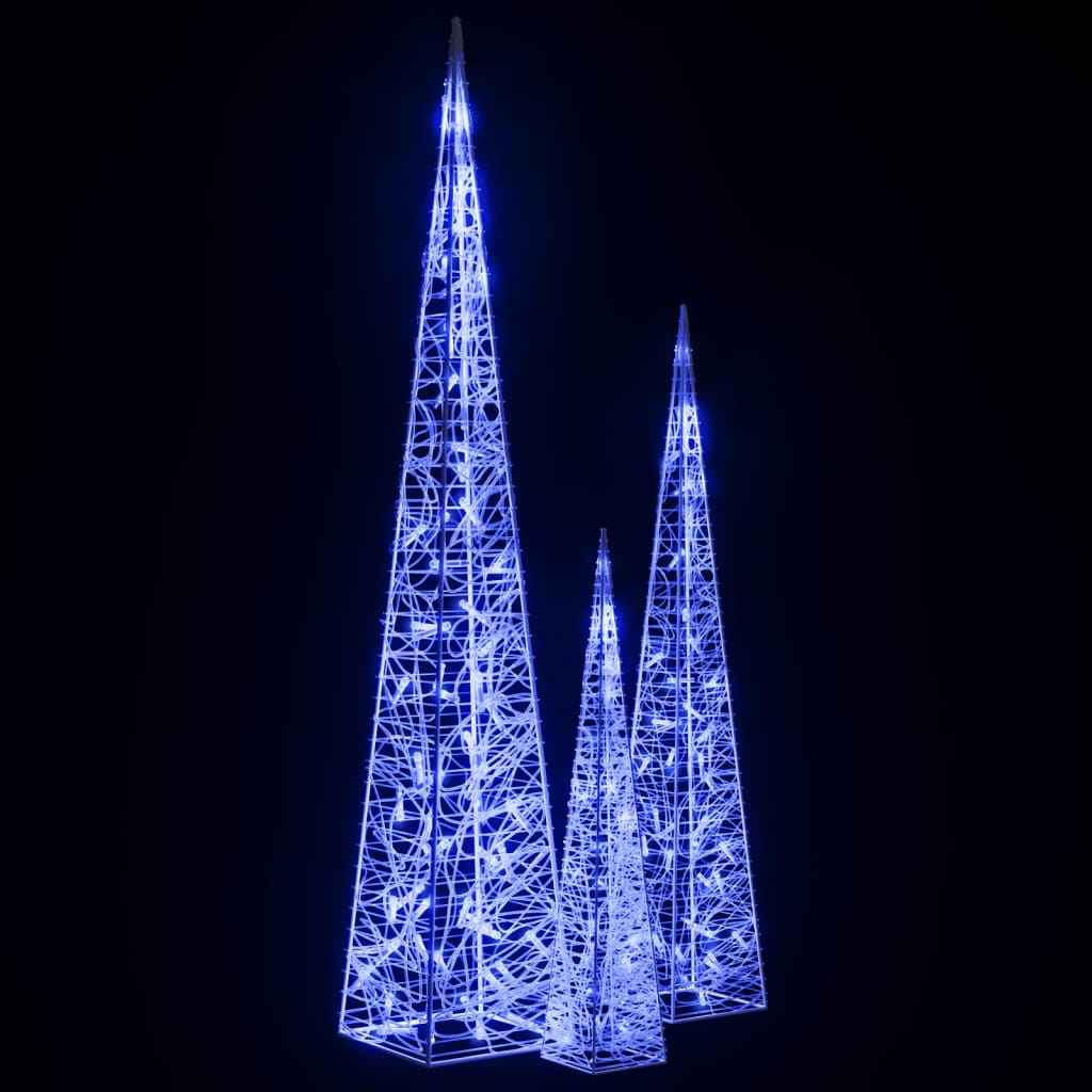 Set akrilnih ukrasnih LED stožaca plavi 60/90/120 cm