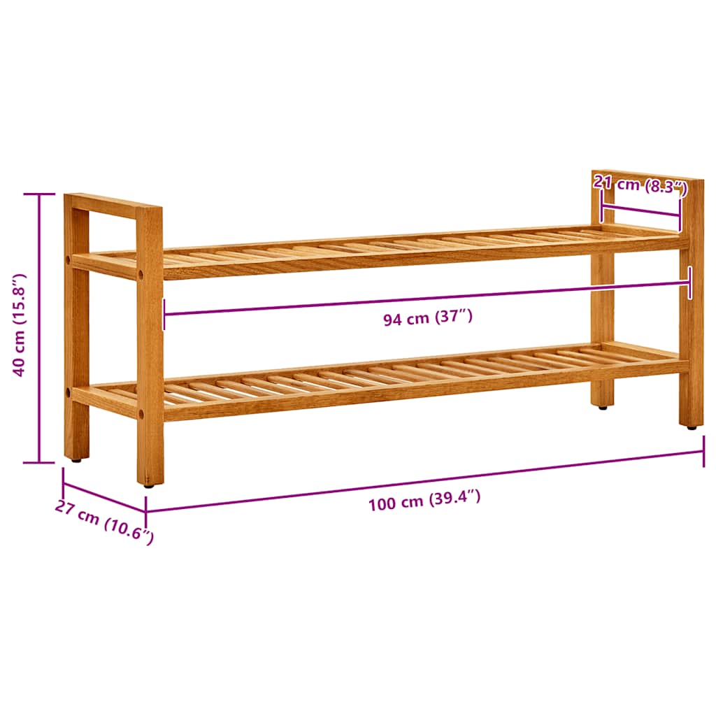 Stalak za cipele s 2 police 100x27x40 cm od masivne hrastovine