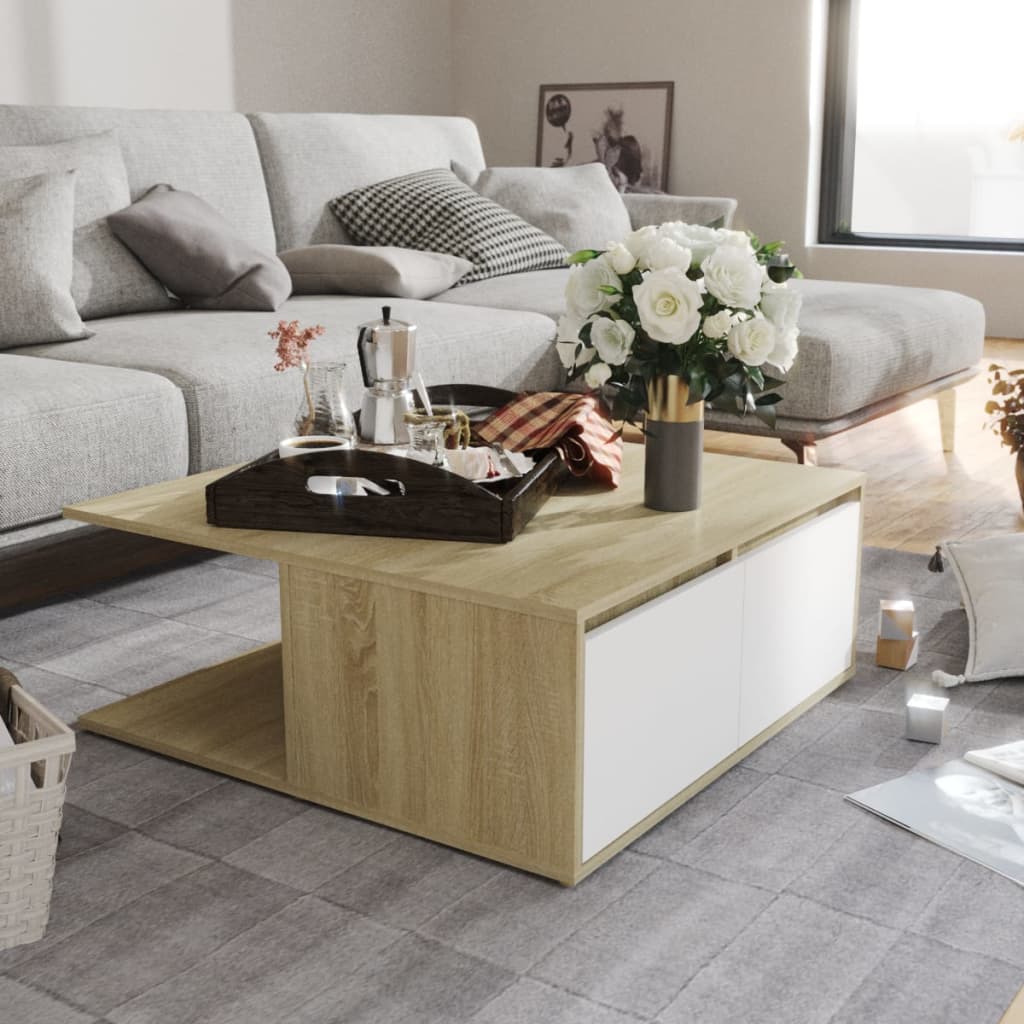 Stolić za kavu bijeli i hrast 80 x 80 x 31 cm konstruirano drvo
