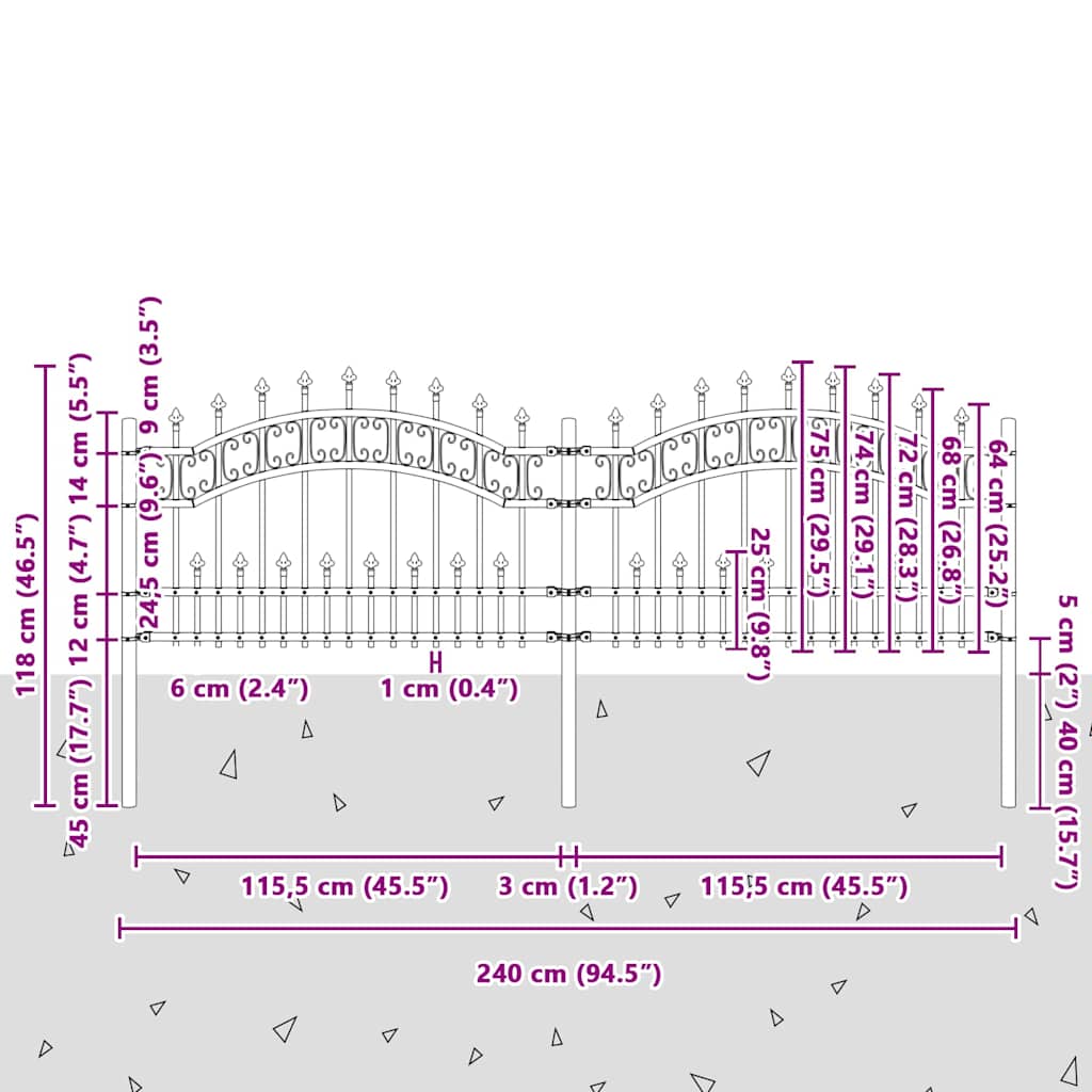 Vrtna ograda KAMPEN s vrhom koplja crna 240x75 cm čelična
