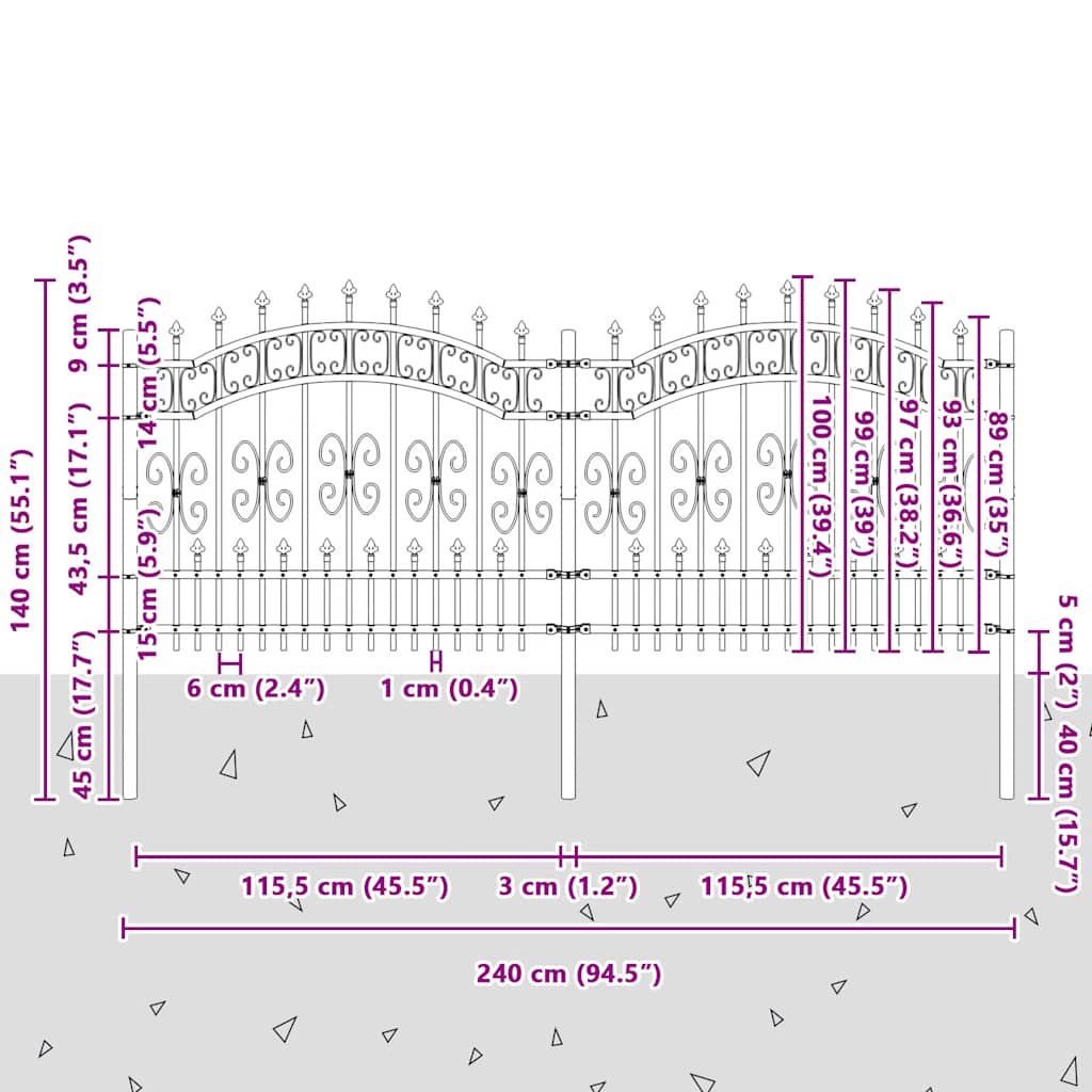 Vrtna ograda KAMPEN s vrhom koplja crna 240x100 cm čelična