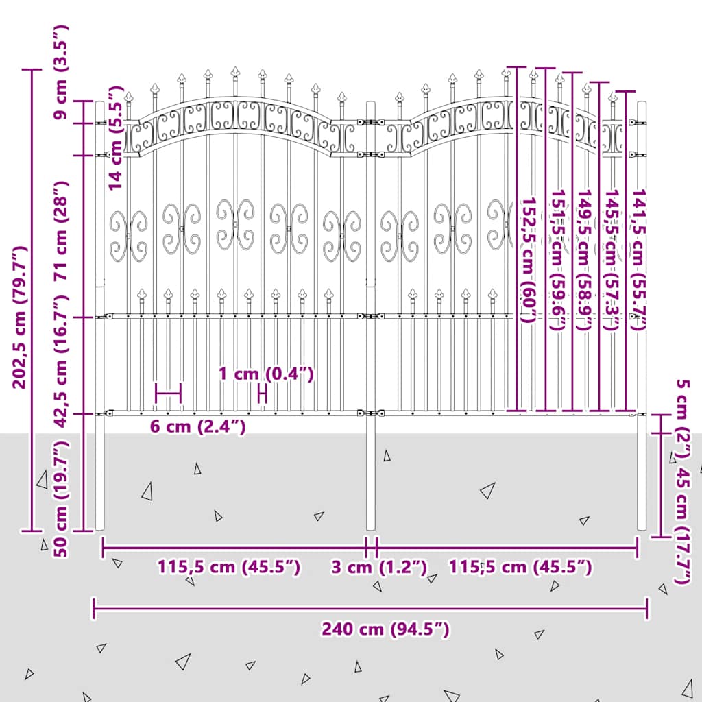 Vrtna ograda KAMPEN s vrhom koplja crna 240x150 cm čelična