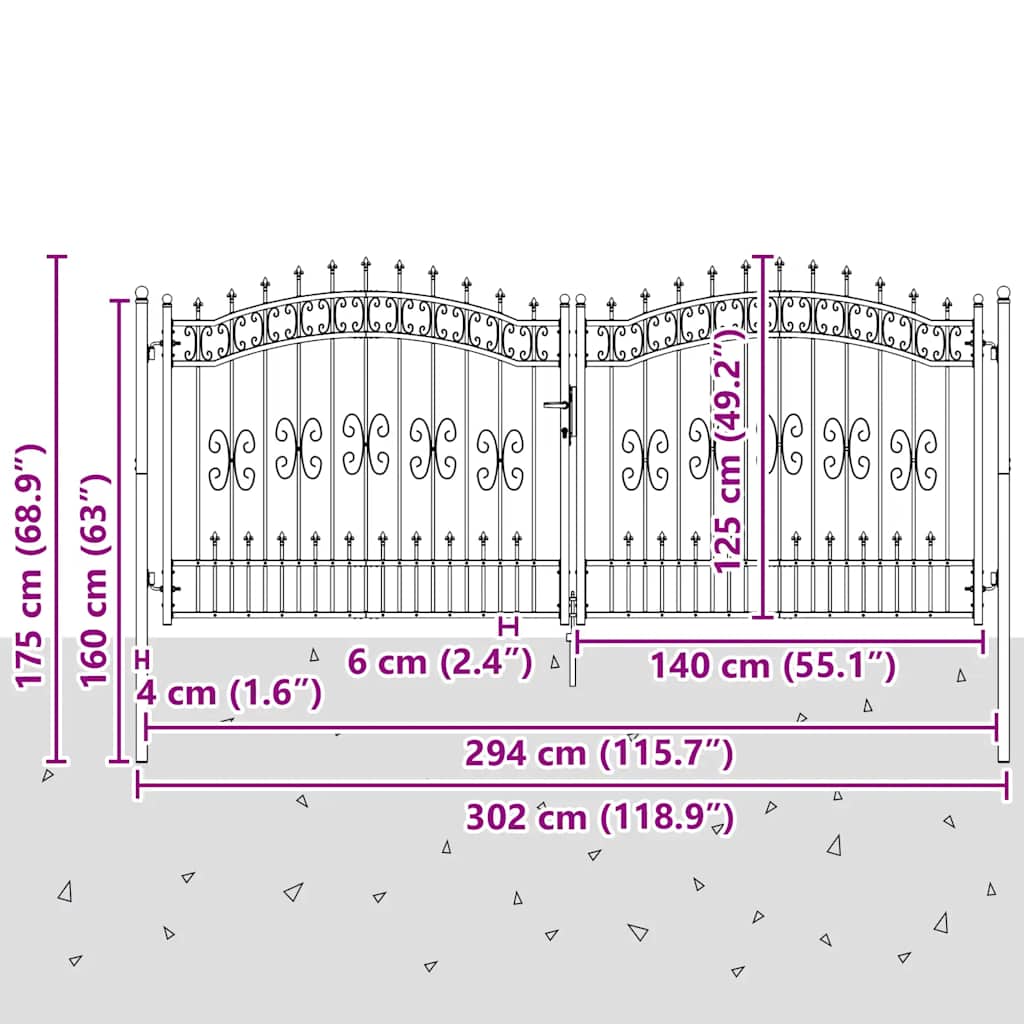 Vrata za ogradu KAMPEN s kopljem na vrhu crna 302 x 125 cm čelična