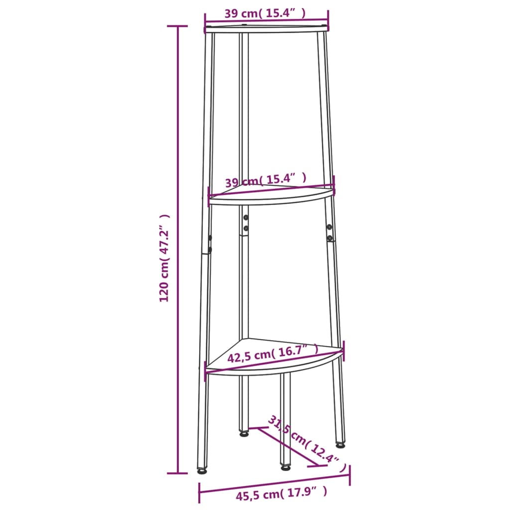 Kutne police s 3 razine crne 45,5 x 31,5 x 120 cm