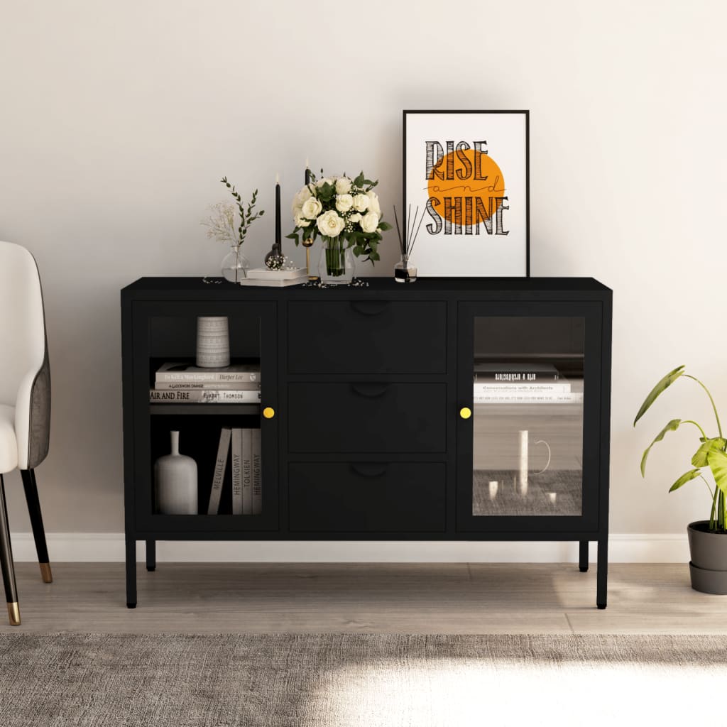 Komoda crna 105 x 35 x 70 cm od čelika i kaljenog stakla