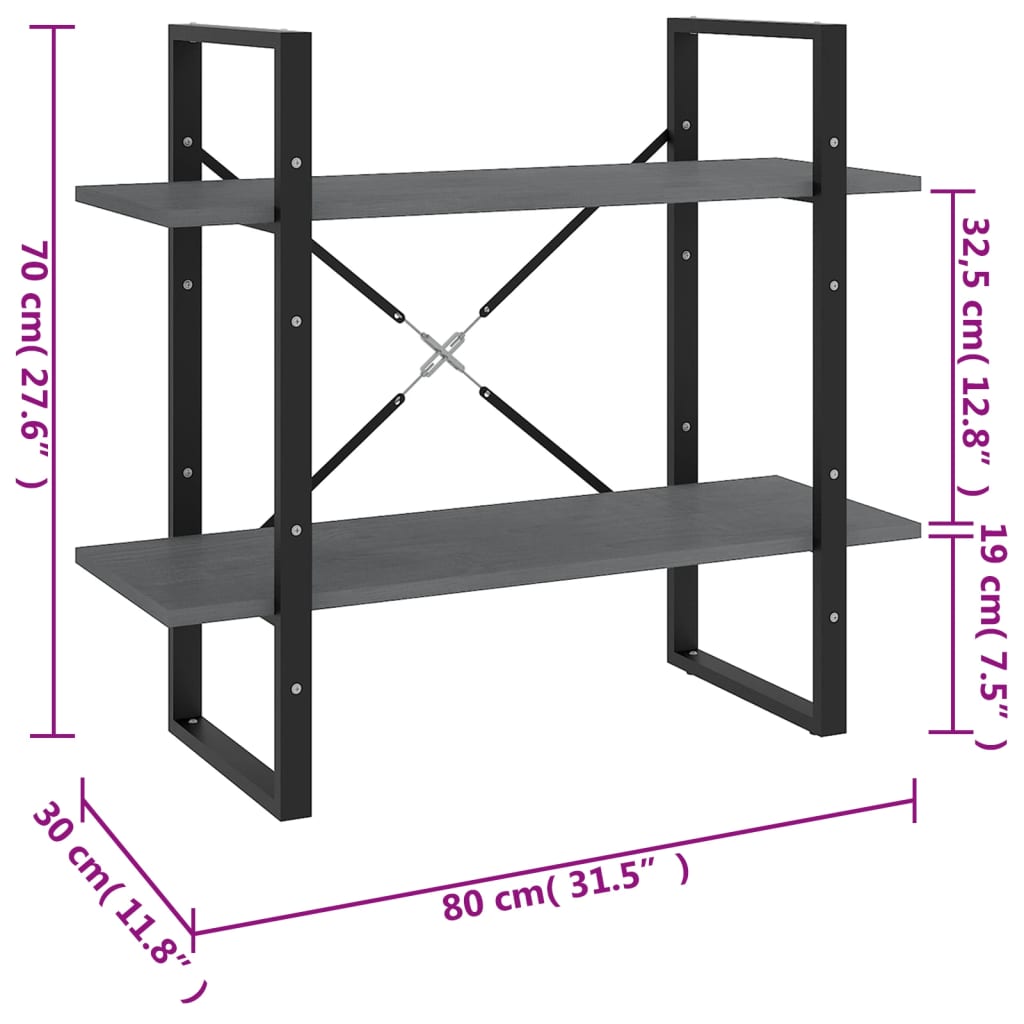 Ormarić za knjige s 2 razine sivi 80x30x70 cm masivna borovina